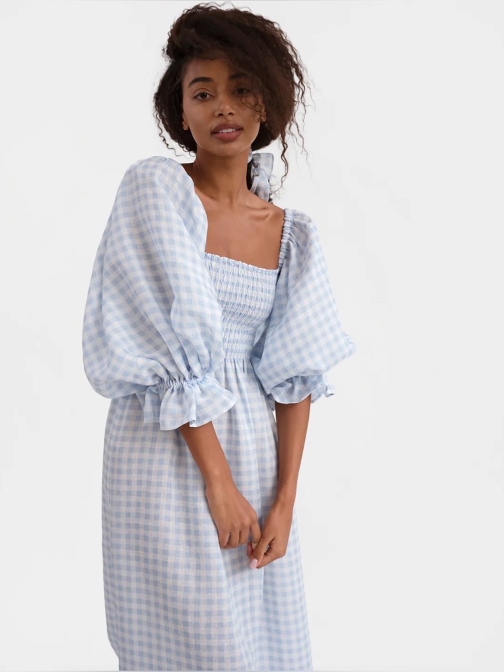 Sleeper Atlanta Linen Midi Dress Blue Gingham Medium - Picture 3 of 15